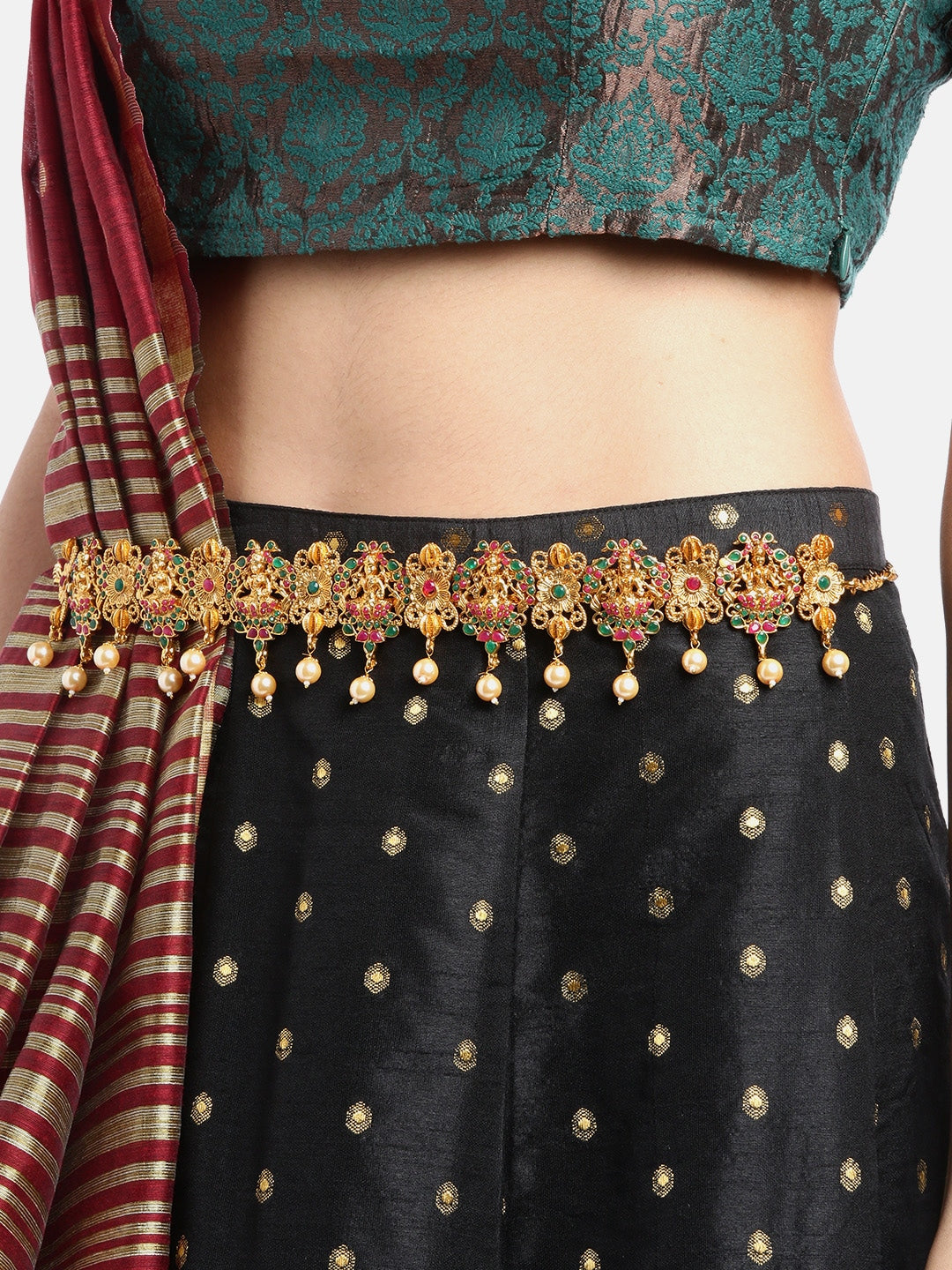 Magenta & Green Gold-Plated CZ-Studded & Beaded Temple Kamarbandh ( American Diamond , Gold , Magenta )