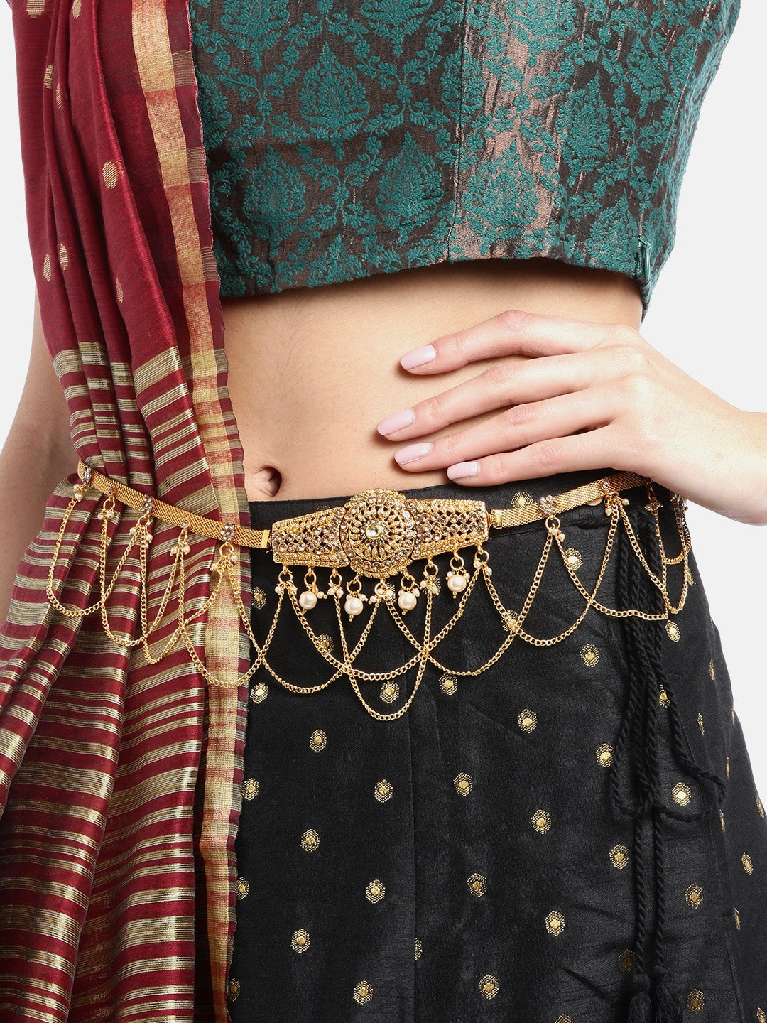 Gold-Plated CZ-Studded & Beaded Handcrafted Kamarbandh ( American Diamond , Gold , Gold )