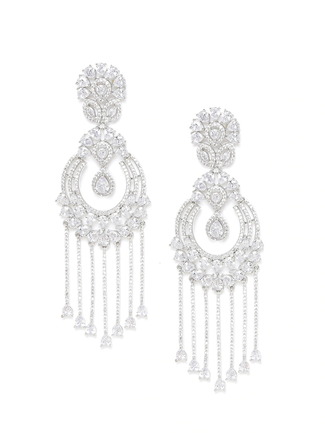 Silver-Plated AD-Studded Handcrafted Contemporary Drop Earrings
