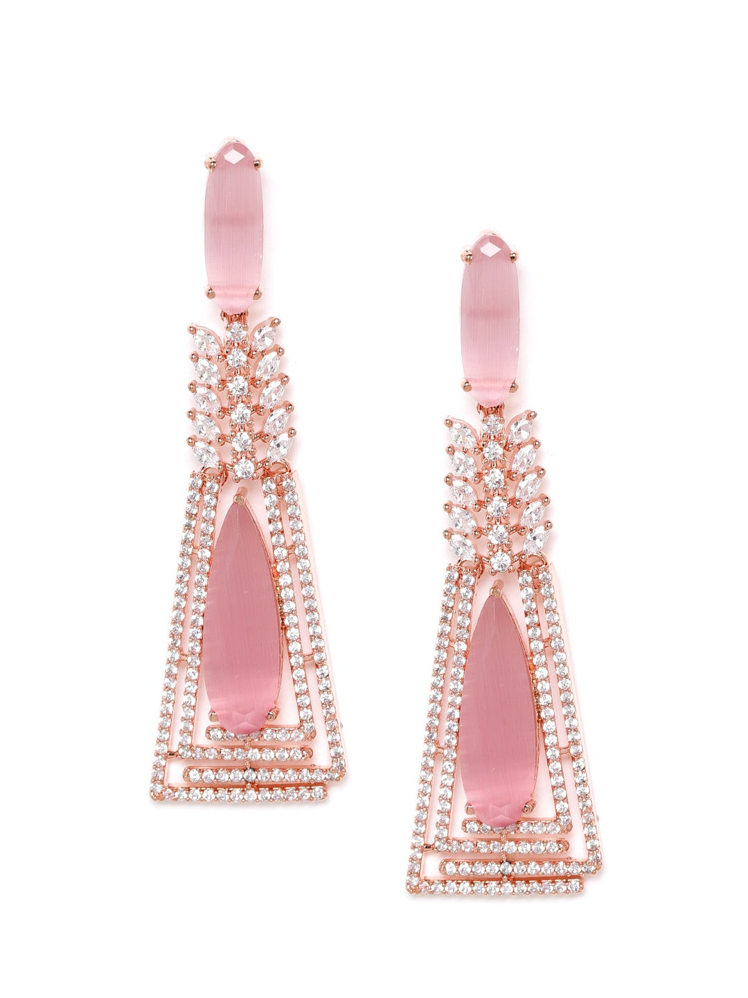 Pink Rose Gold-Plated AD Studded Handcrafted Drop Earrings