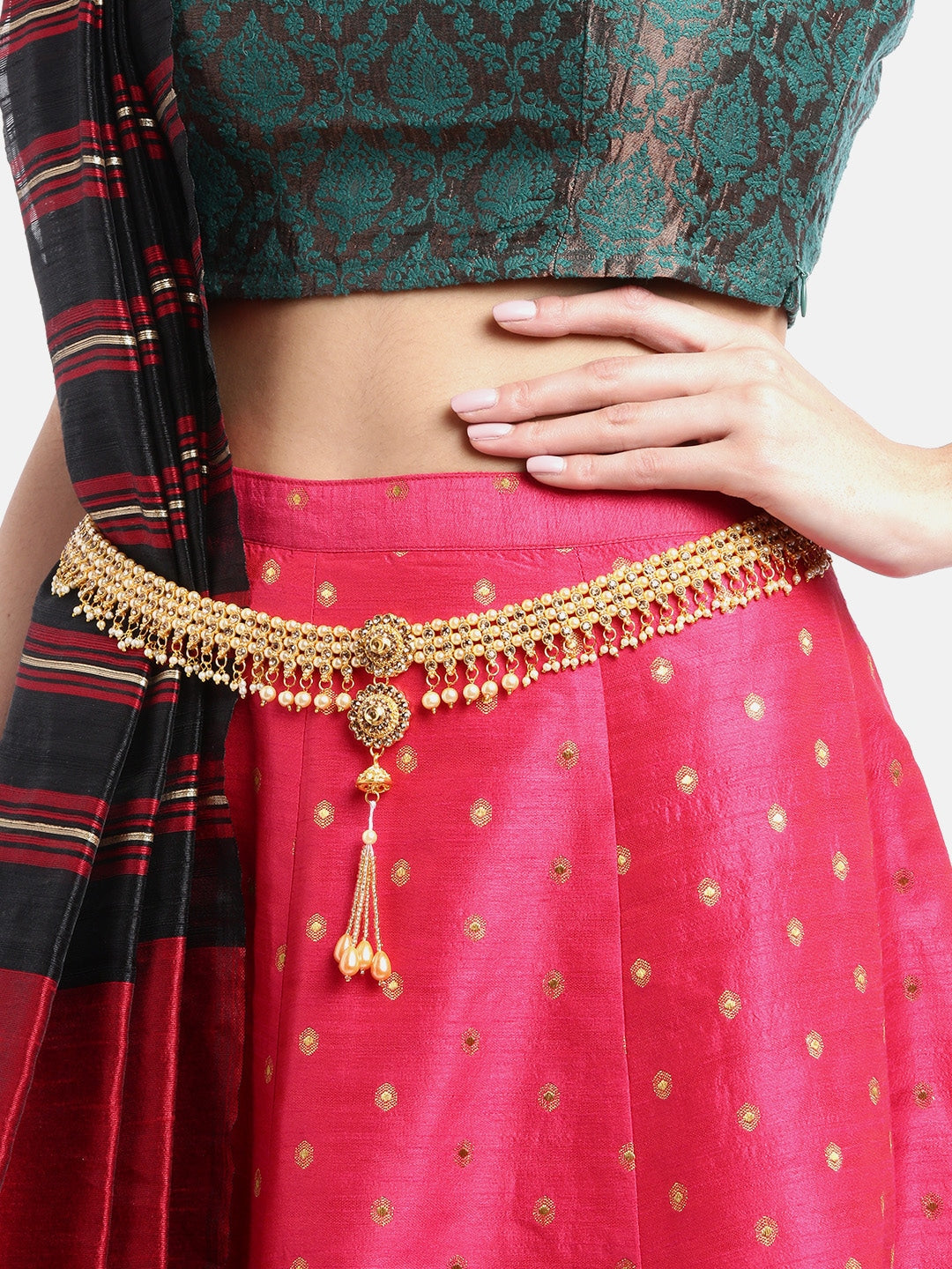 Off-White Gold-Plated CZ-Studded & Beaded Handcrafted Kamarbandh