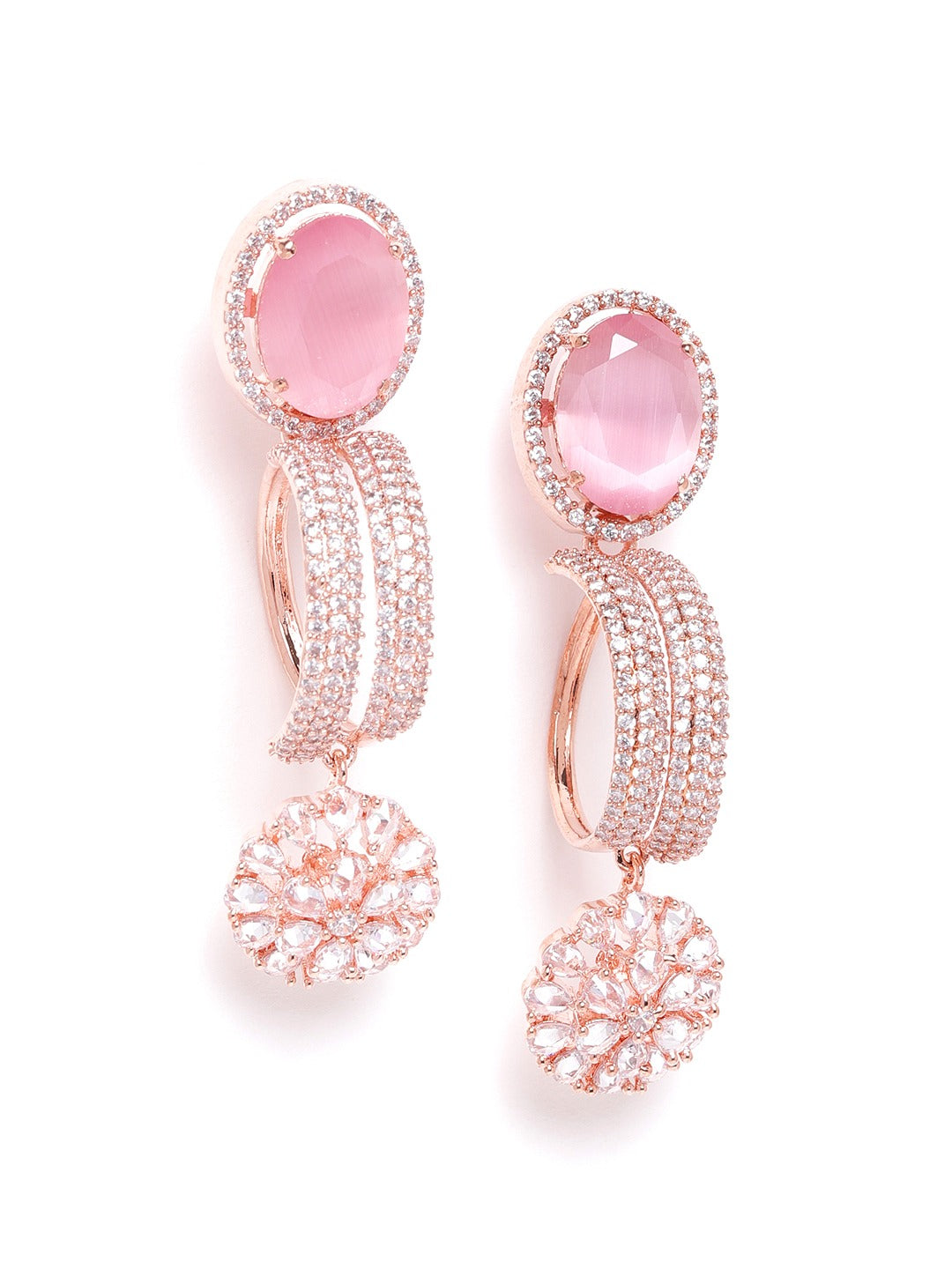 Pink Rose Gold-Plated Handcrafted AD-Studded Circular Drop Earrings