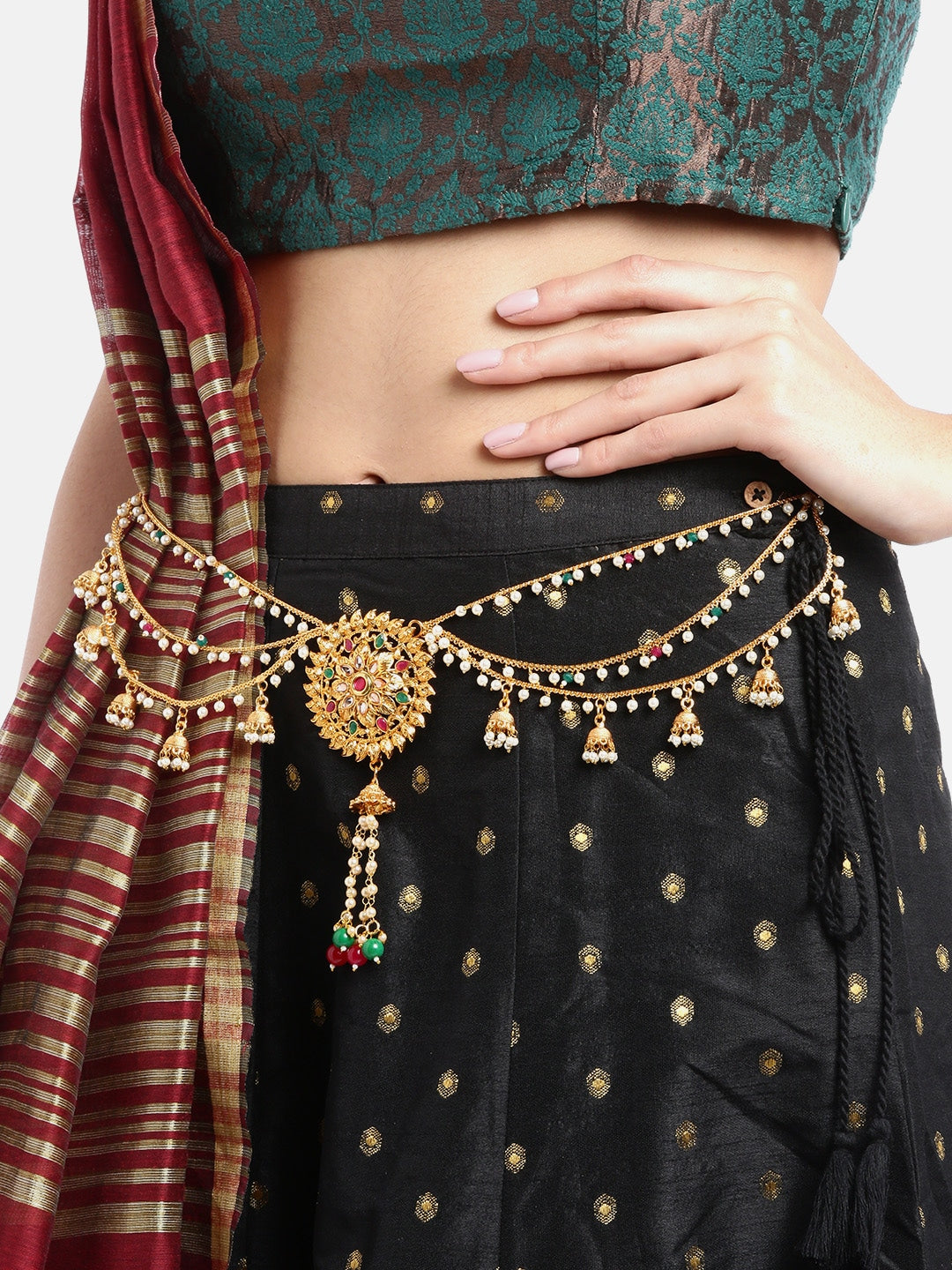 Red & Green Gold-Plated Kundan & CZ-Studded Handcrafted Kamarbandh ( American Diamond , Gold , Green )