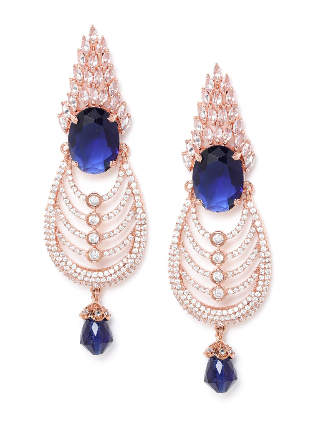 Navy Blue Rose Gold-Plated AD Studded Beaded Handcrafted Oval Drop Earrings