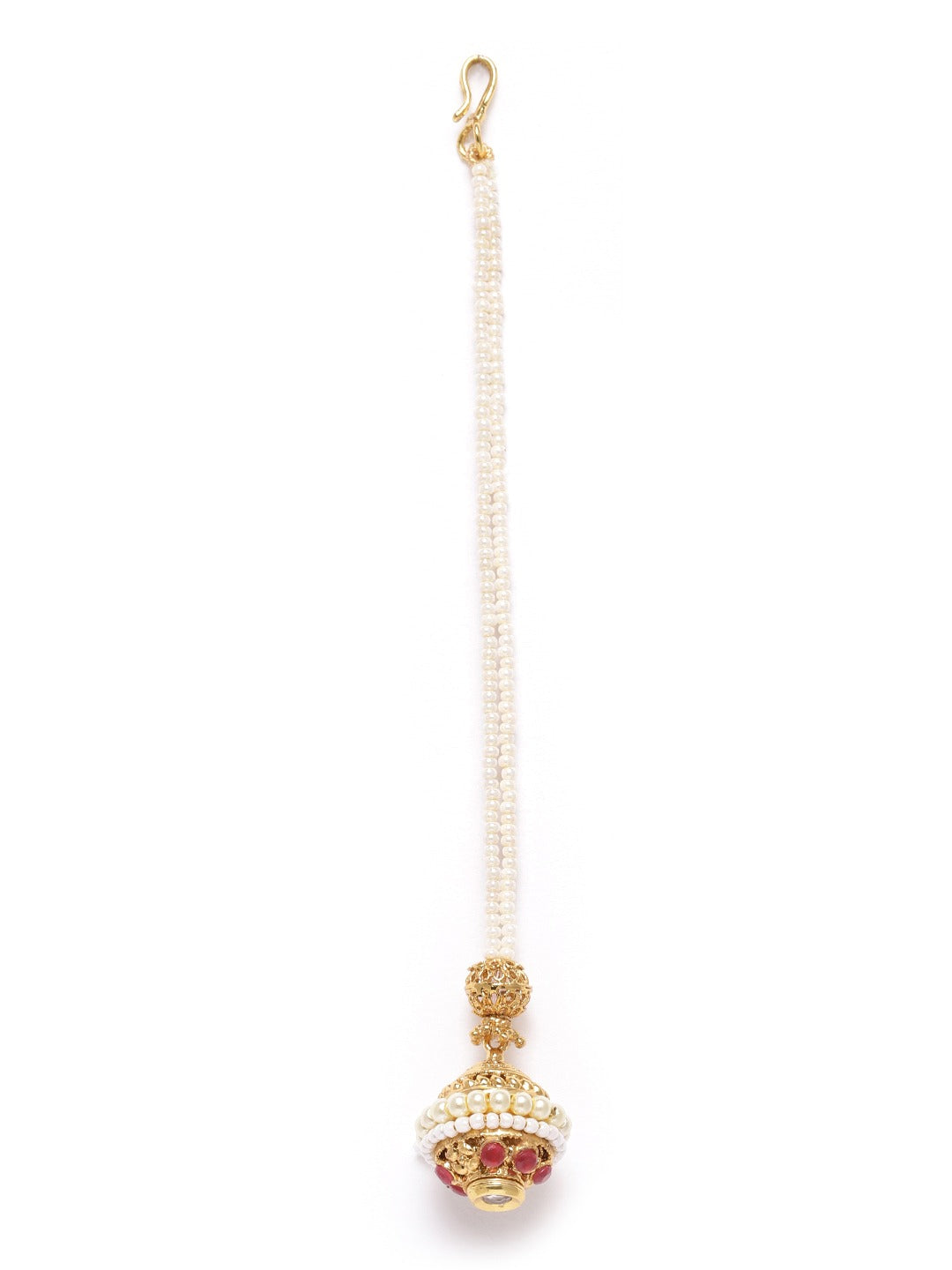 Magenta & Off-White Gold-Plated Kundan-Studded & Beaded Borla Maang Tika