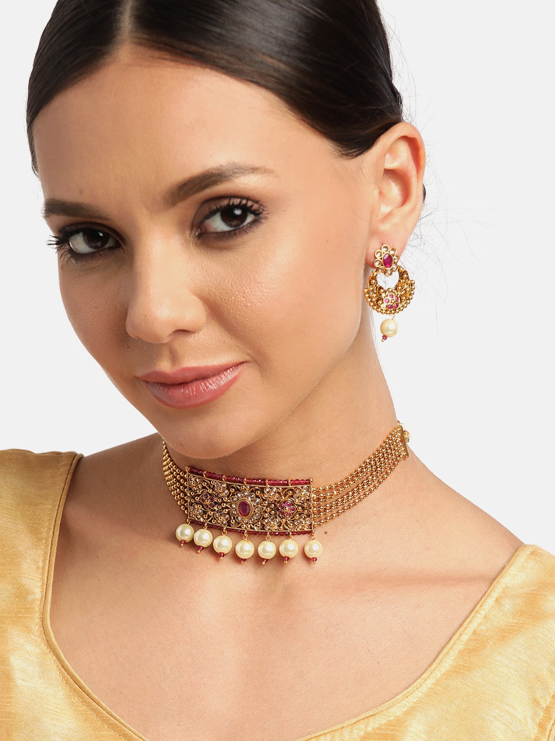 Maroon Gold-Plated Stone Studded & Beaded Handcrafted Jewellery Set