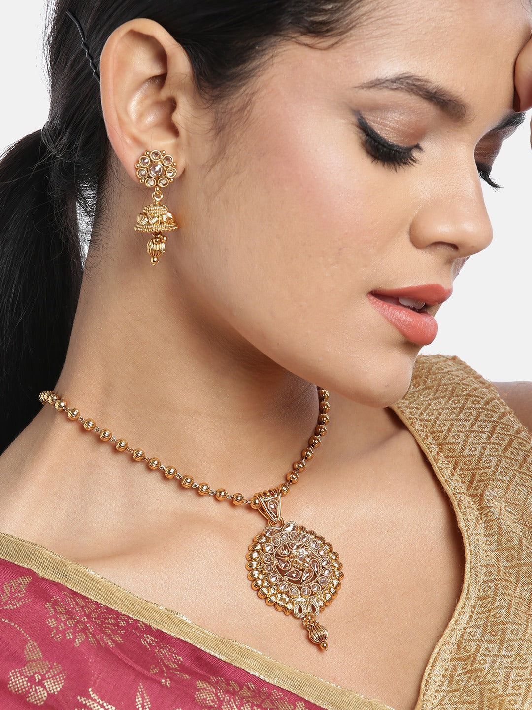 Gold-Plated Stone Studded Handcrafted Jewellery Set