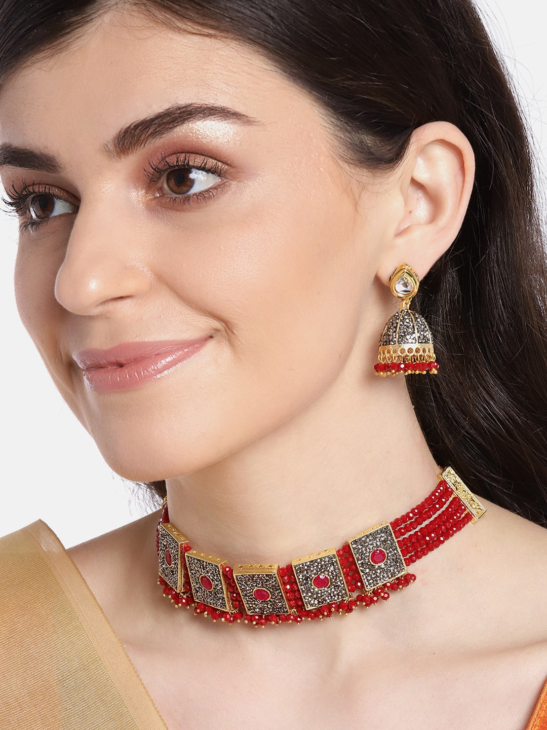 Red & Gunmetal-Toned Gold-Plated Stone-Studded Handcrafted Jewellery Set