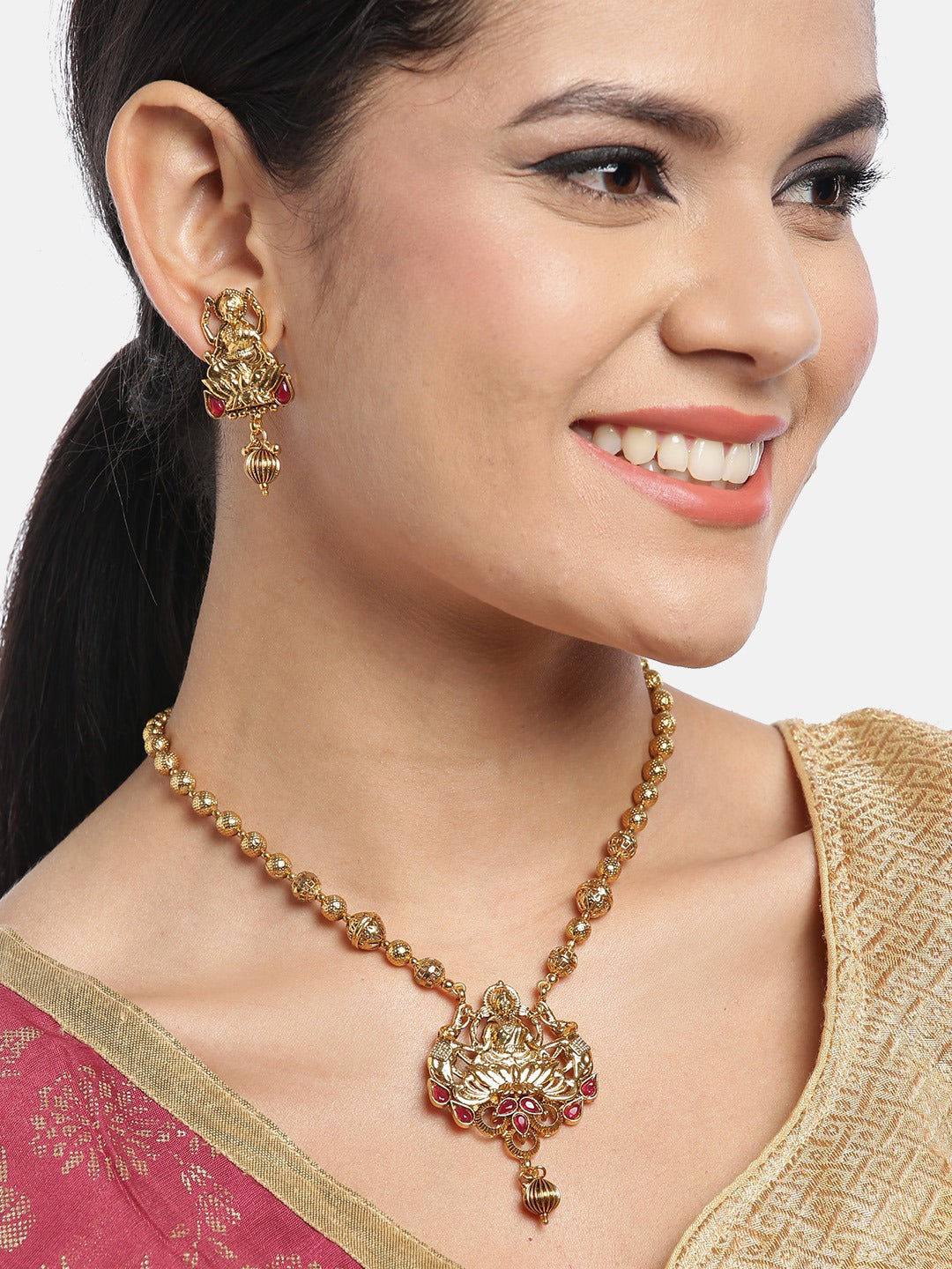 Red Gold-Plated Stone-Studded Goddess Lakshmi Handcrafted Jewellery Set