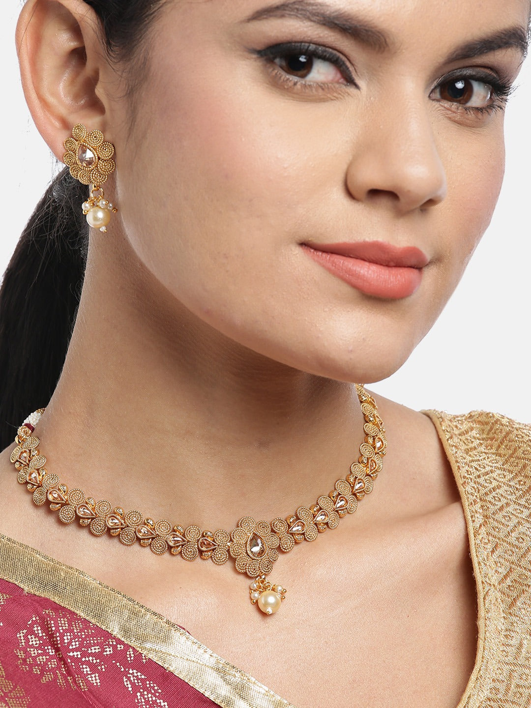 Off-White Gold-Plated Handcrafted Stone-Studded Beaded Jewellery Set ( American Diamond , Gold , Off White )