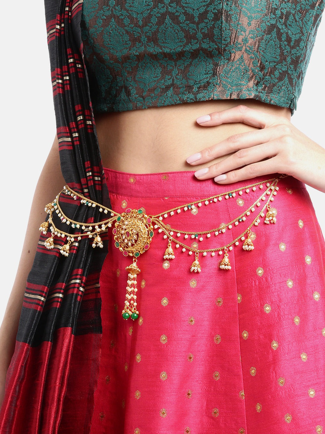 Off-White & Green Gold-Plated CZ Studded & Beaded Handcrafted Kamarbandh ( American Diamond , Gold , Off White )
