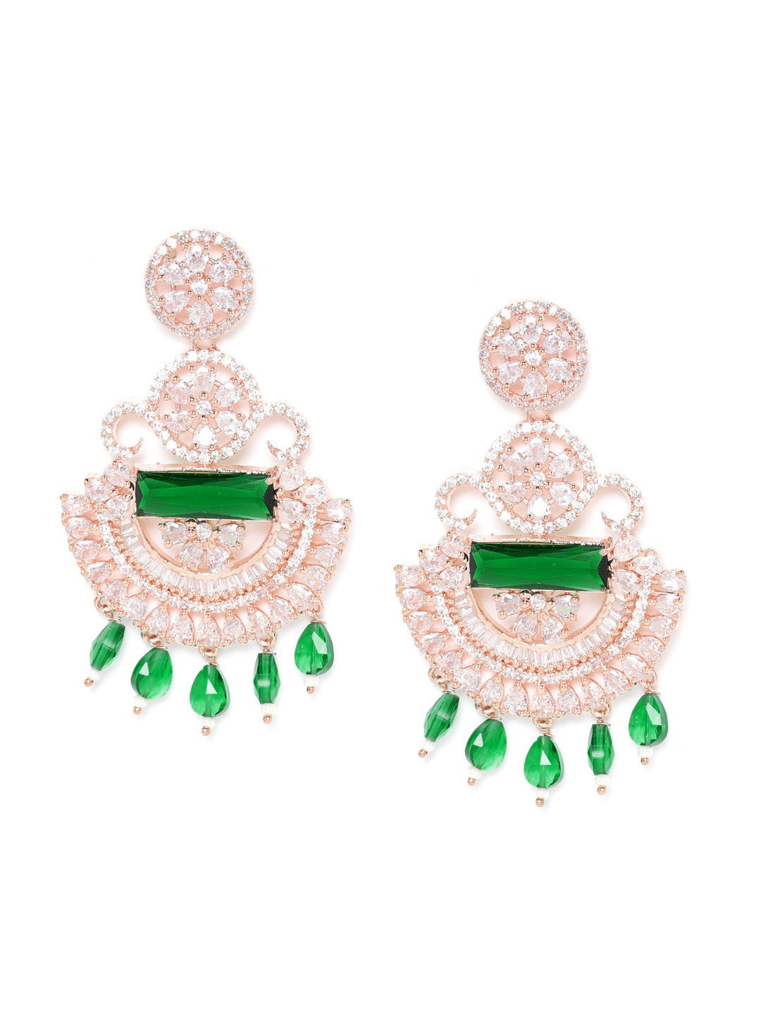 Green Rose Gold-Plated AD Studded Beaded Handcrafted Drop Earrings