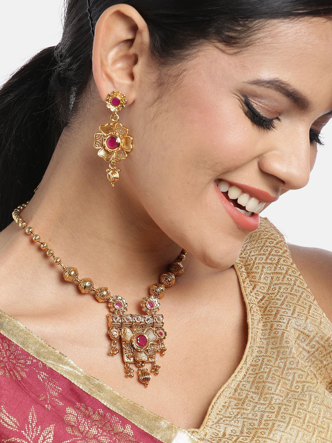 Pink Gold-Plated Stone Studded Handcrafted Jewellery Set