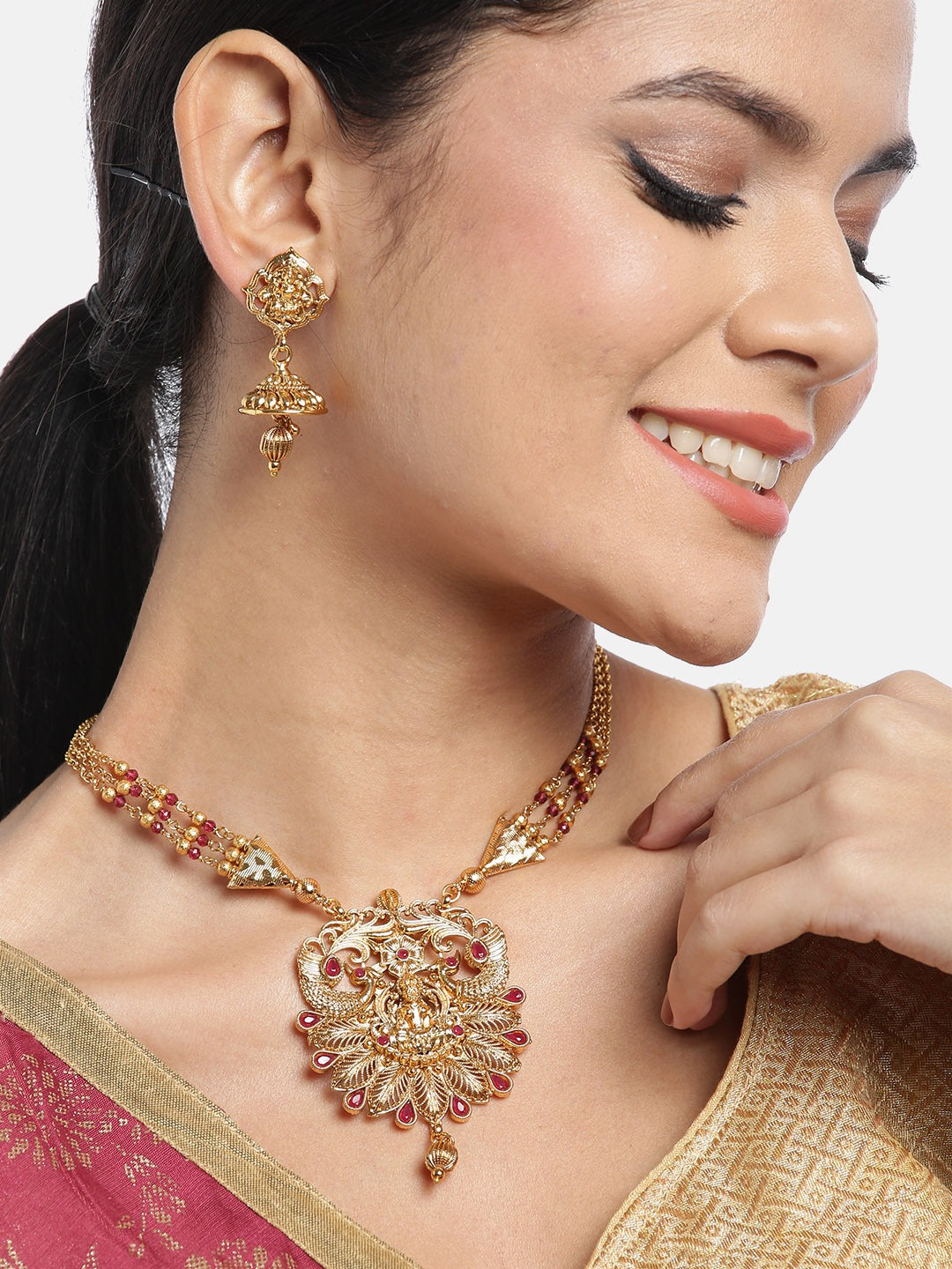 Red Gold-Plated Stone-Studded Goddess Lakshmi Handcrafted Jewellery Set