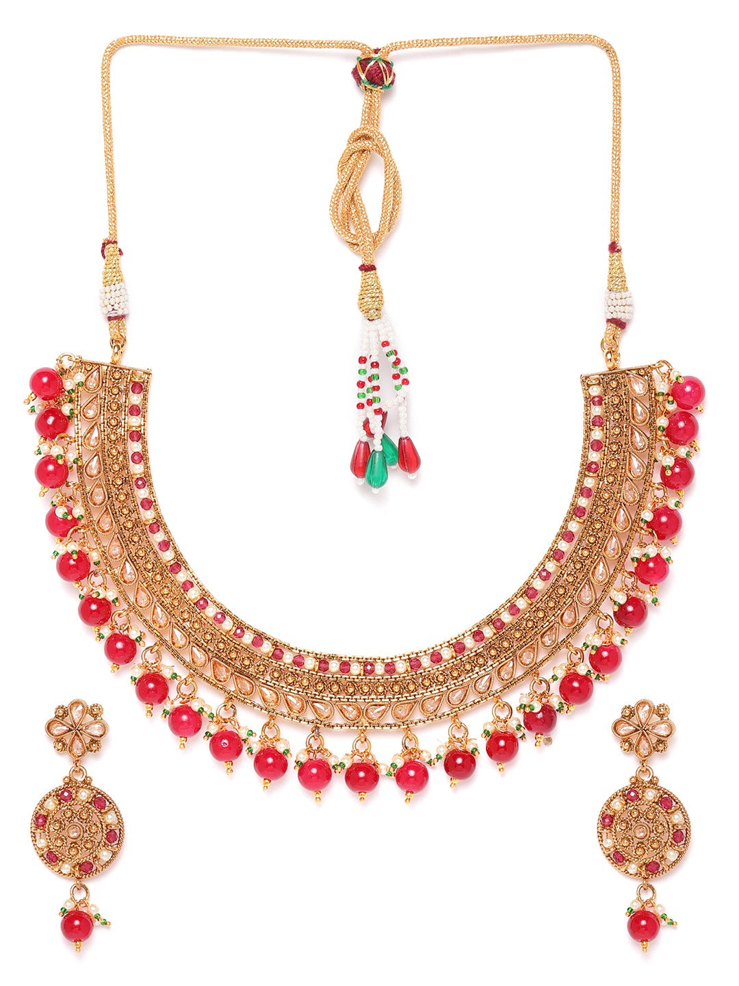 Red Gold-Plated CZ-Studded & Artificial Beaded Handcrafted Jewellery Set