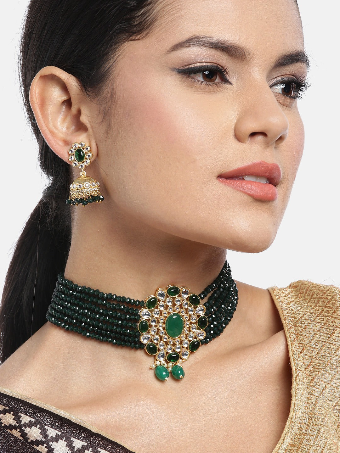 Green Gold-Plated Handcrafted Kundan-Studded Beaded Jewellery Set