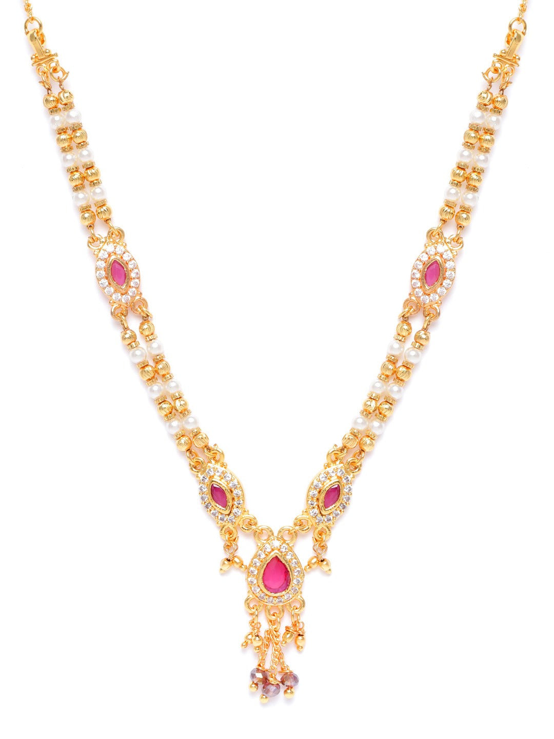 Magenta & White Gold-Plated AD-Studded Handcrafted Dual-Stranded Necklace