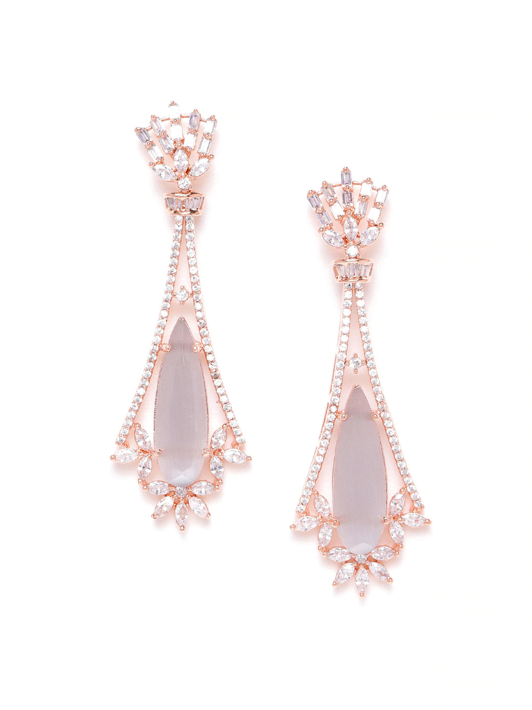 Grey Rose Gold-Plated AD-Studded Handcrafted Teardrop-Shaped Drop Earrings
