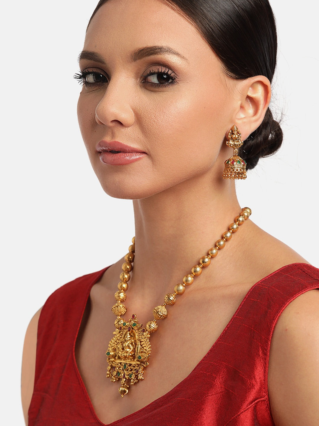 Women Green & Red Gold-Plated Stone Studded Handcrafted Temple Jewellery Set