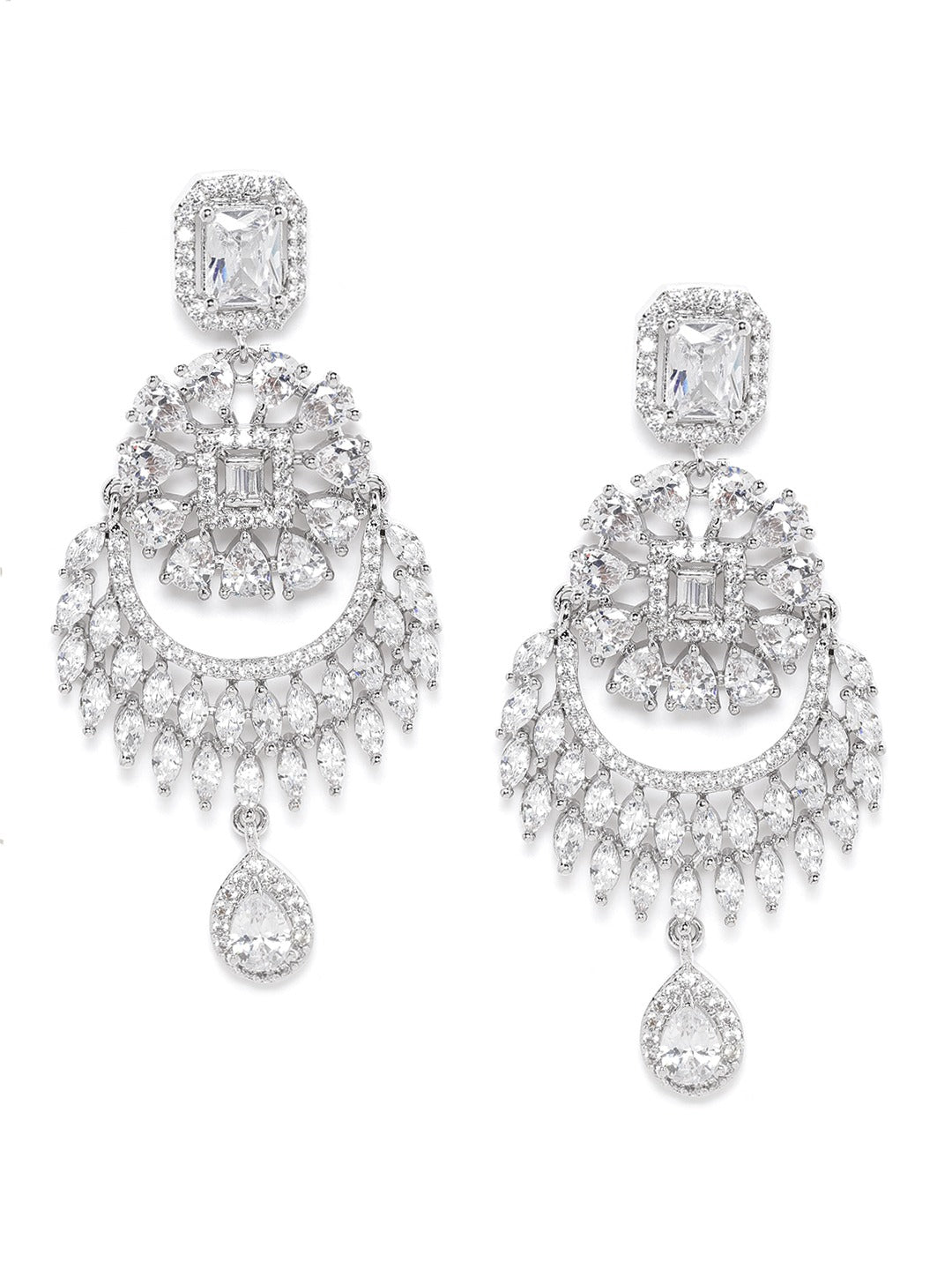 Silver-Plated AD-Studded Handcrafted Crescent Shaped Chandbalis
