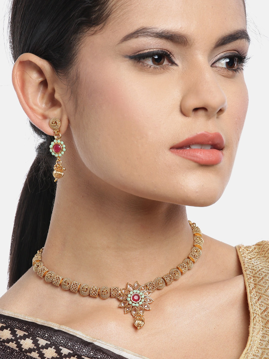 Green & Pink Gold-Plated Handcrafted Meenakari Jewellery Set