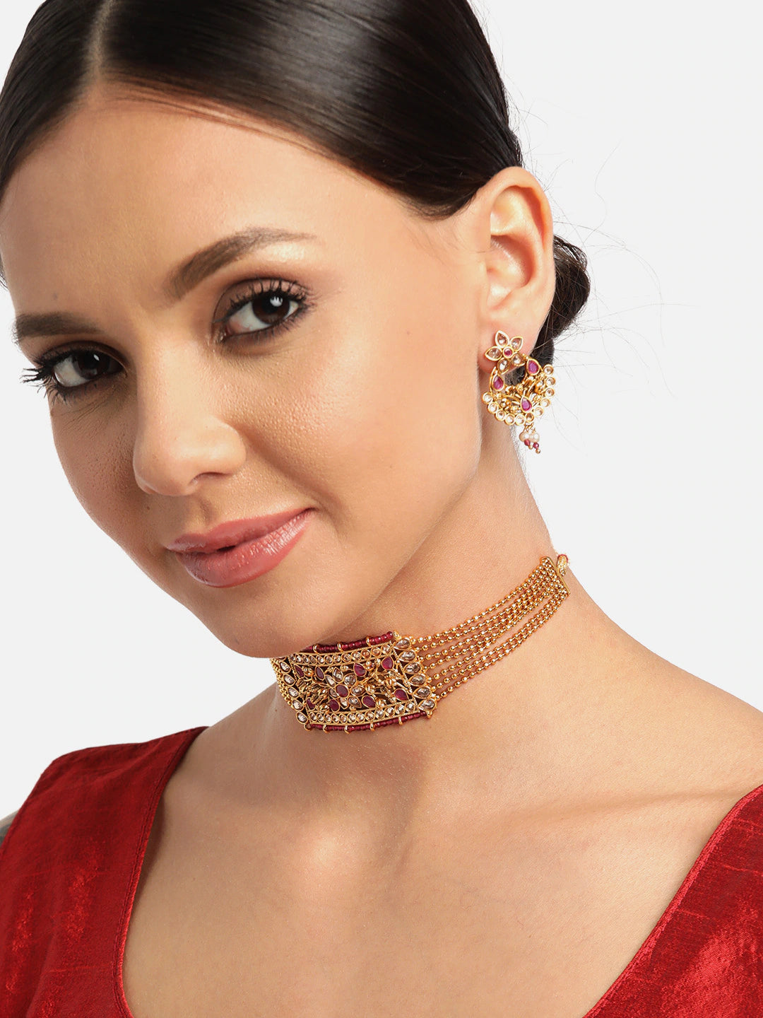 Jewels Gehna Pink Gold-Plated Stone Studded Handcrafted Jewellery Set