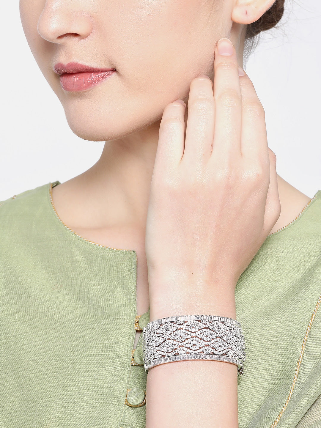 Women Silver- Plated AD Stone Studded Handcrafted Bangle Style Bracelet