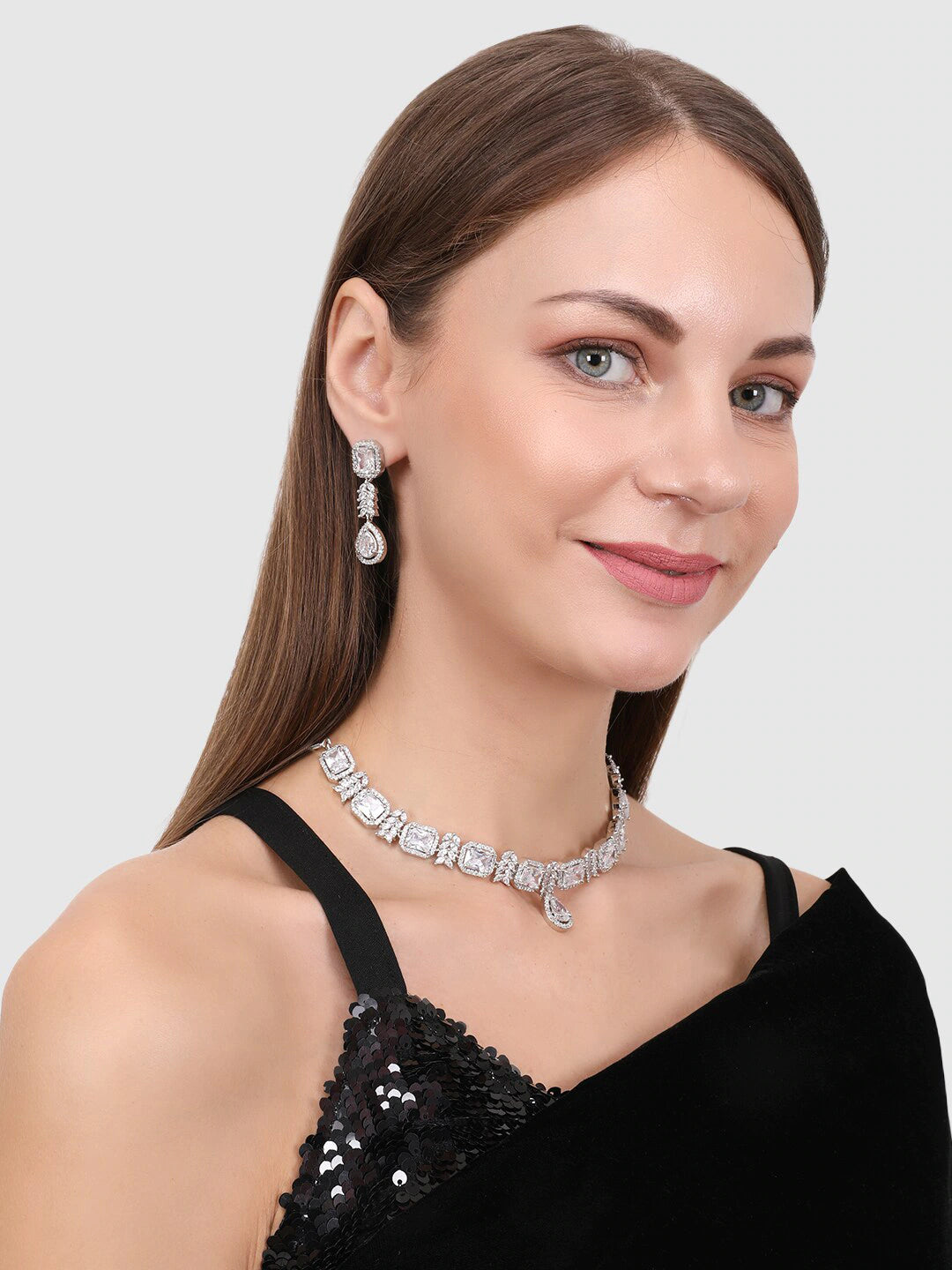 Silver-Plated & White AD-Studded Jewellery Set