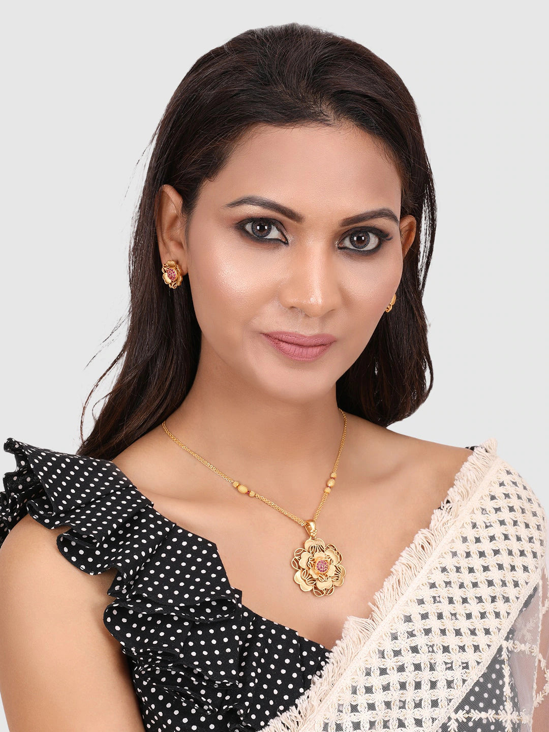 Gold-Plated & Pink Self Designer Floral Pendant & Earring Set