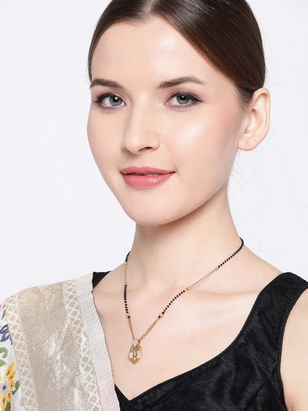 Black Gold-Plated Beaded & AD-Studded Mangalsutra