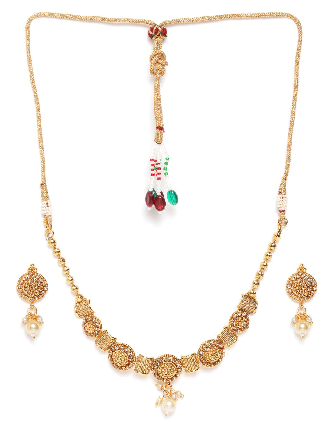 White Gold-Plated Stone Studded & Beaded Handcrafted Jewellery Set