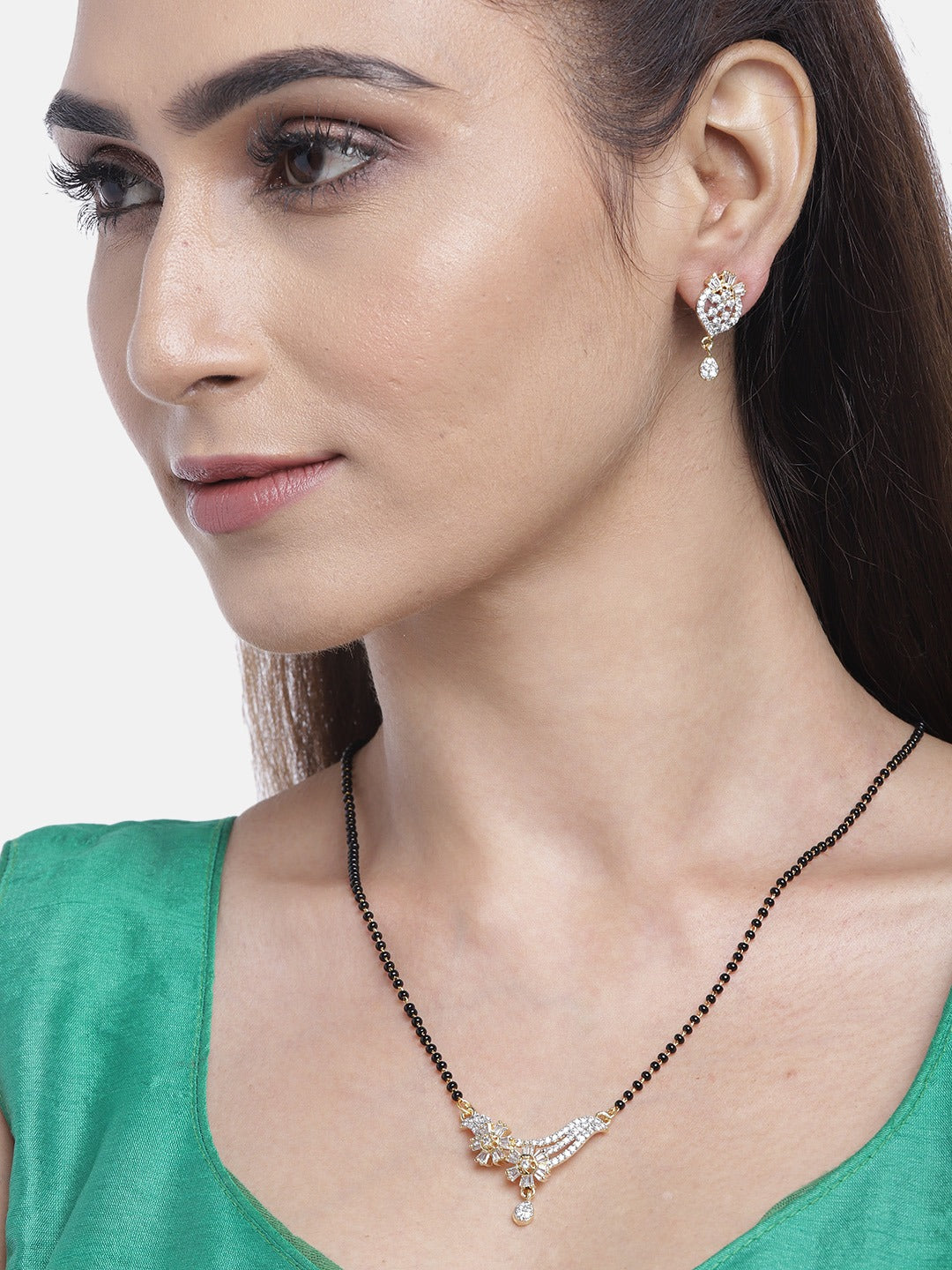 Black Gold-Plated AD-Studded & Beaded Mangalsutra Set