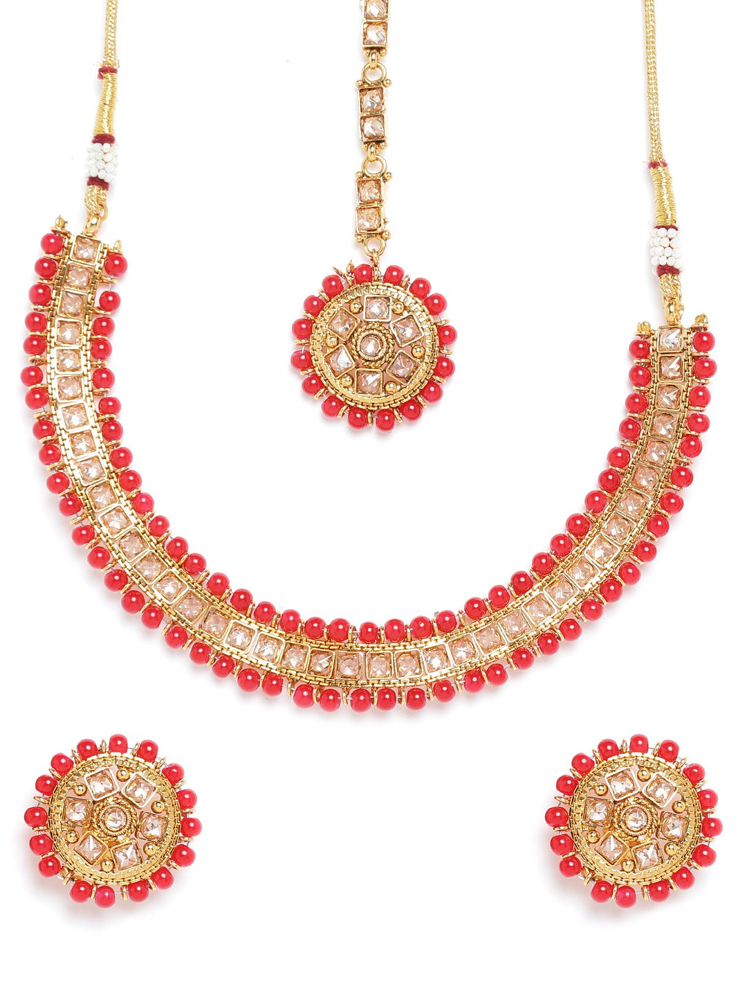 Red Gold Plated CZ Studded & Beaded Jewellery Set