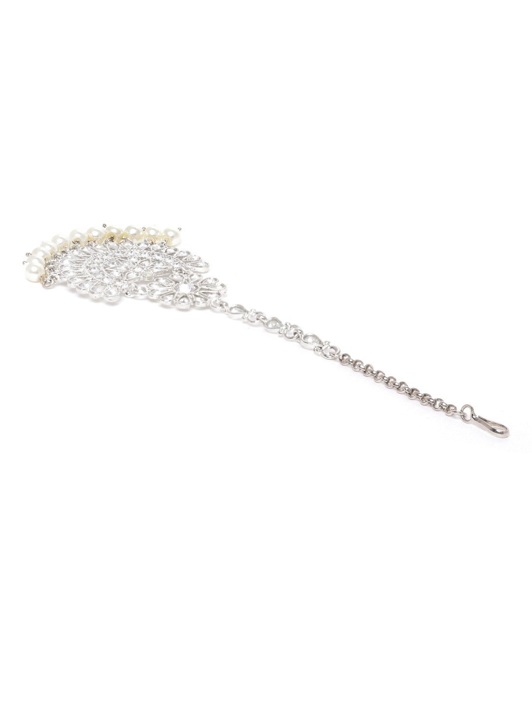 White Silver-Plated Stone-Studded & Beaded Floral Shaped Maang Tika