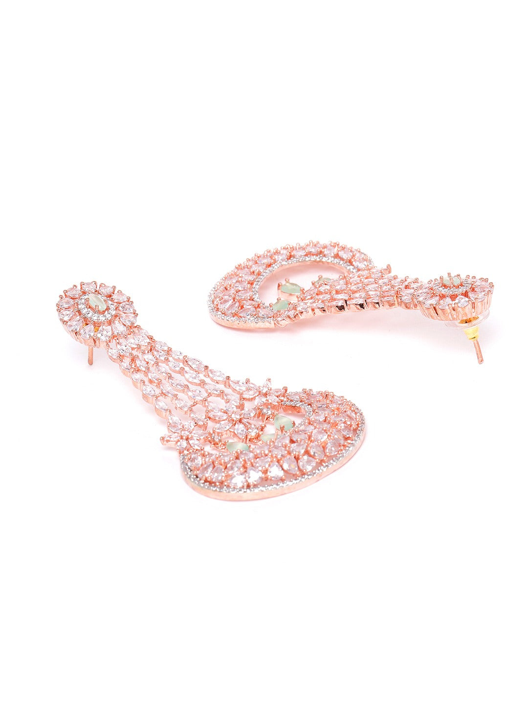 Sea Green Rose Gold-Plated Handcrafted AD-Studded Contemporary Drop Earrings