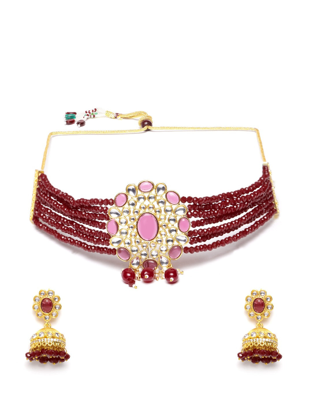 Gold-Plated & Maroon Pearls Beaded Jewellery Set