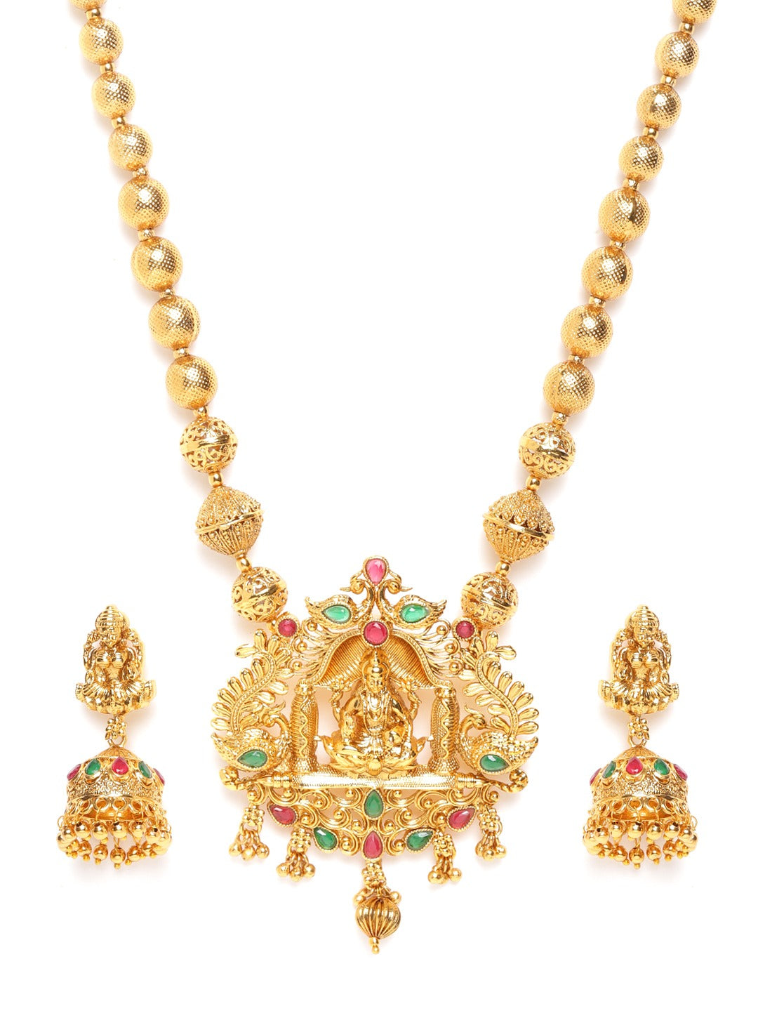 Women Green & Red Gold-Plated Stone Studded Handcrafted Temple Jewellery Set