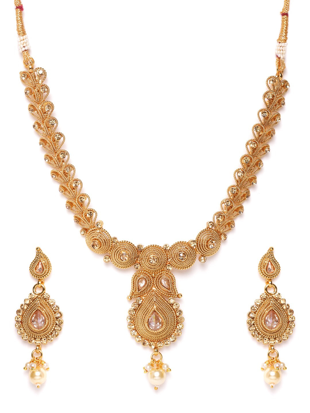 Off-White Gold-Plated Stone Studded & Beaded Handcrafted Jewellery Set