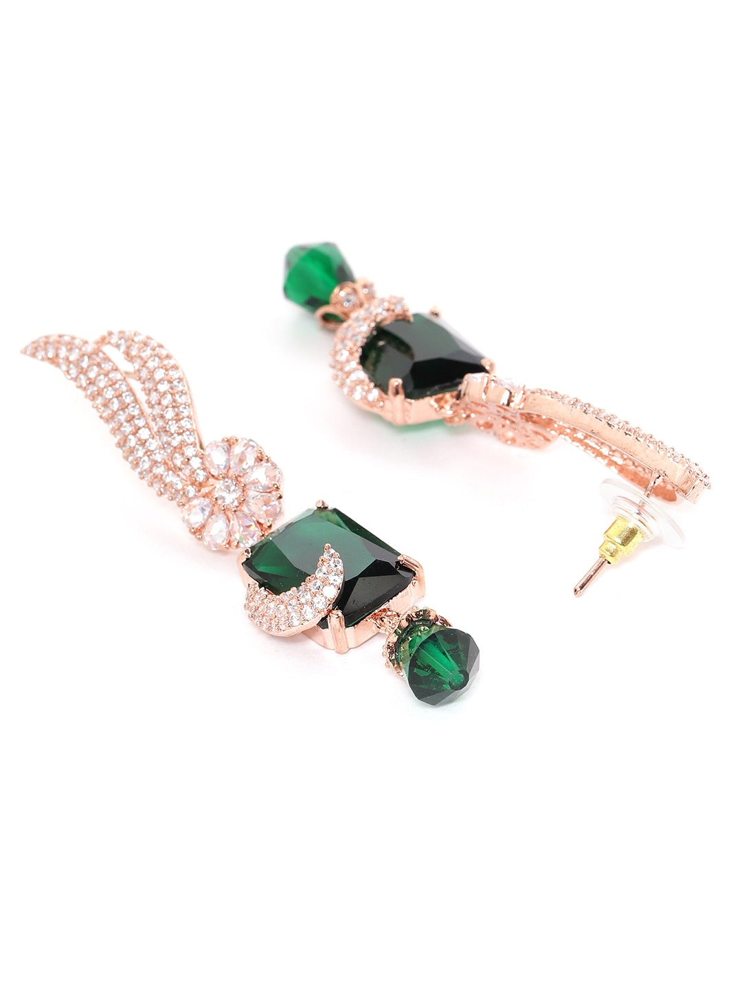 Green Rose Gold-Plated AD-Studded Handcrafted Contemporary Drop Earrings