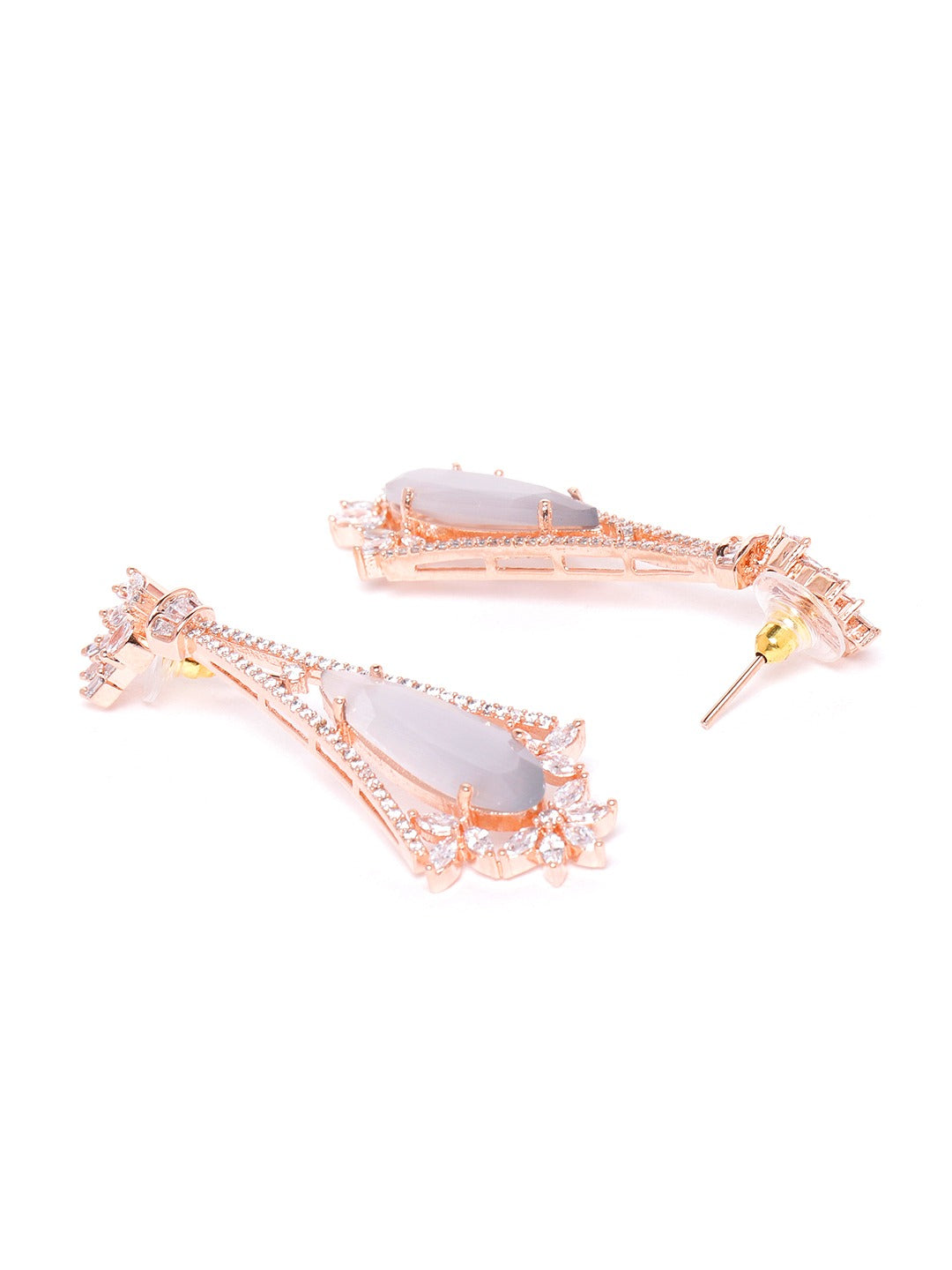 Grey Rose Gold-Plated AD-Studded Handcrafted Teardrop-Shaped Drop Earrings