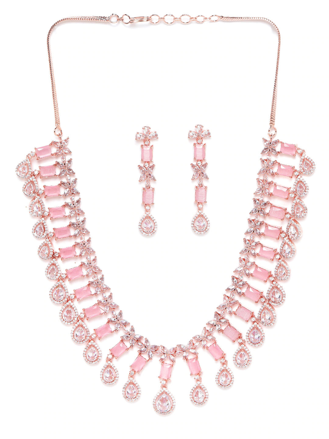 Pink Rose Gold-Plated AD-Studded Handcrafted Jewellery Set ( American Diamond , Rose Gold , Pink )