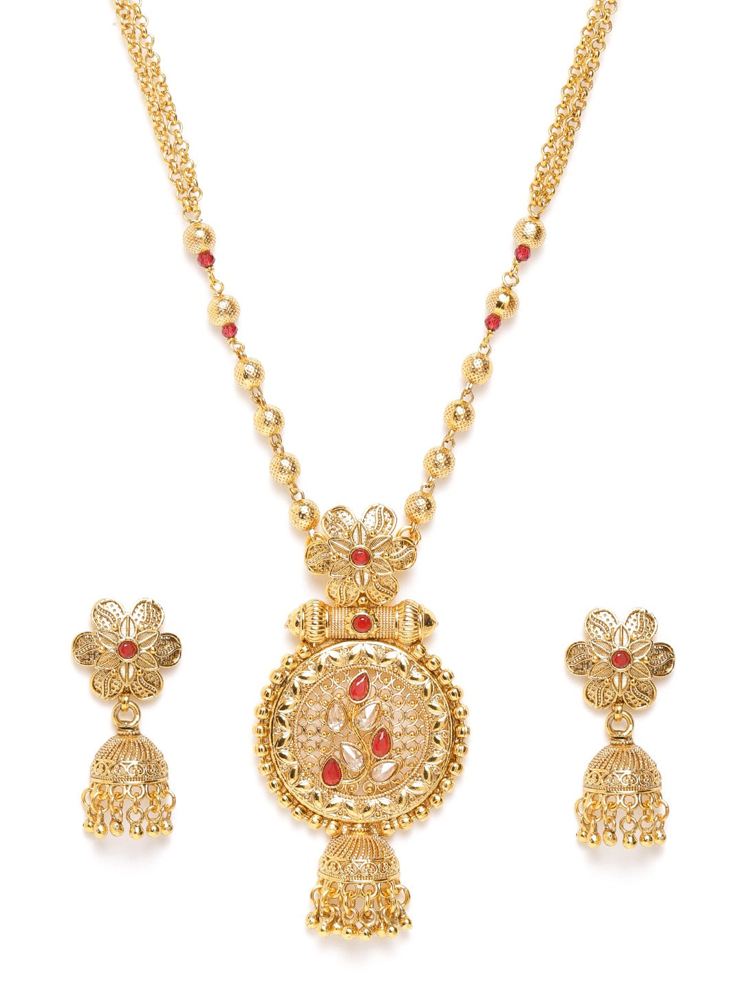 Maroon Gold-Plated Handcrafted Stone-Studded & Beaded Jewellery Set