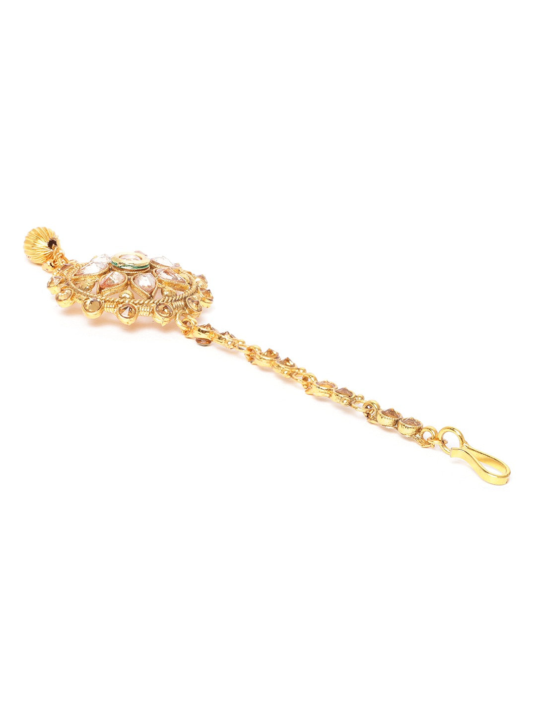Gold-Plated Stone-Studded & Beaded Floral Shaped Maang Tika