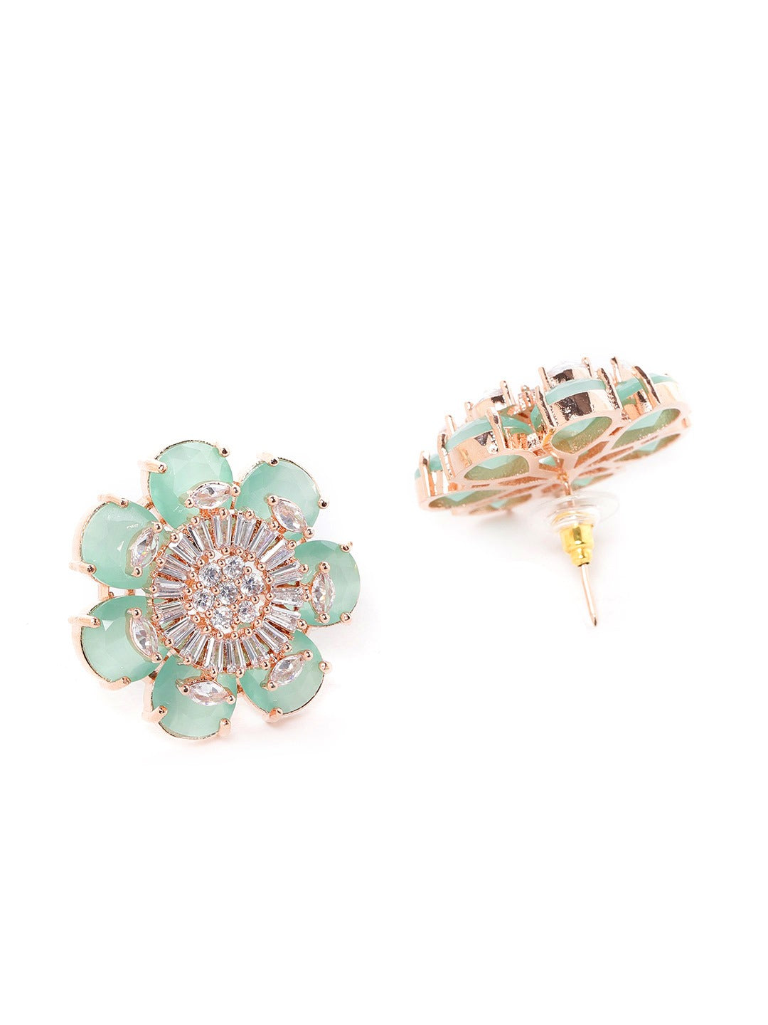 Sea Green Rose Gold-Plated Handcrafted Floral AD Studs