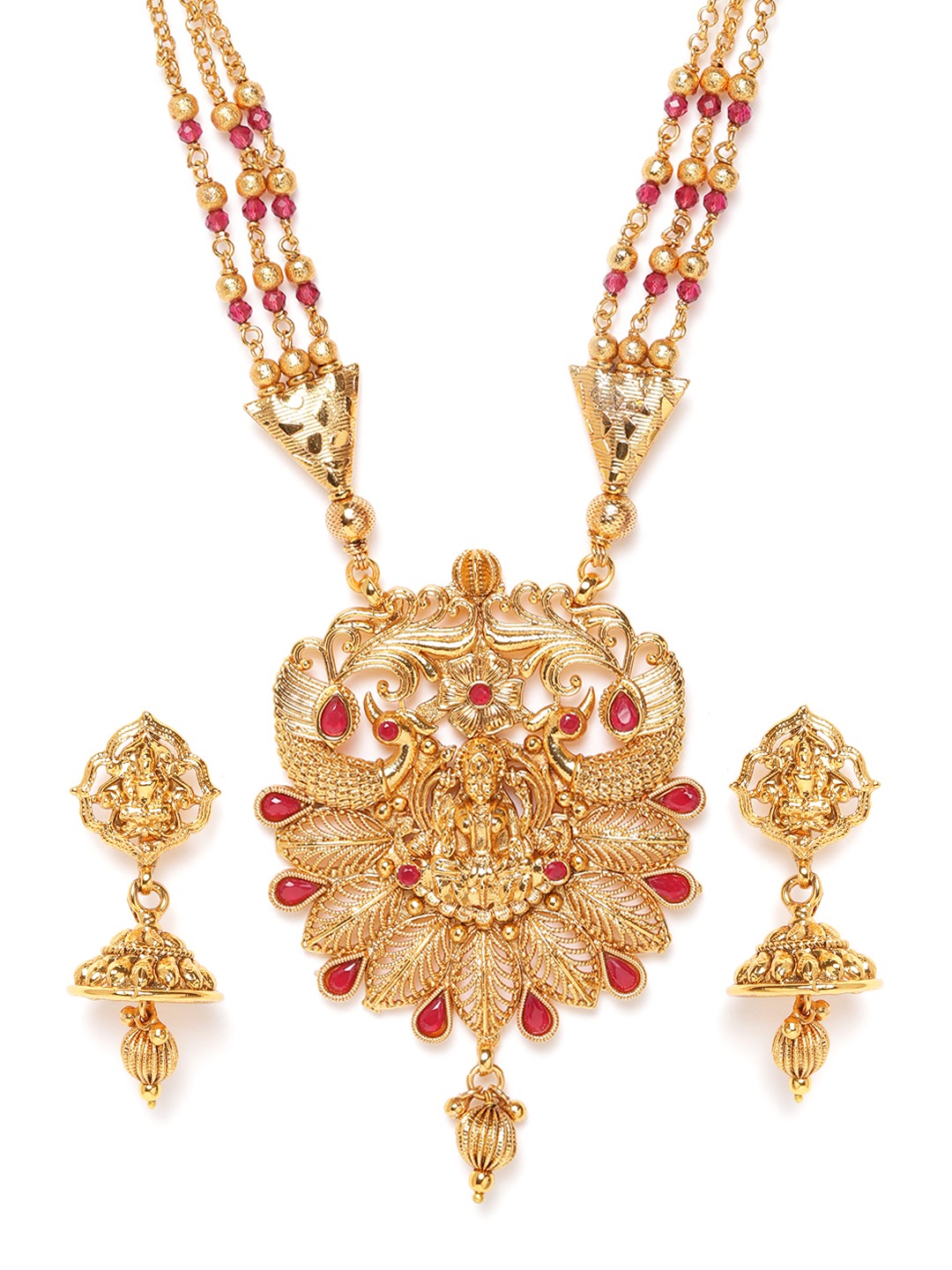 Red Gold-Plated Stone-Studded Goddess Lakshmi Handcrafted Jewellery Set