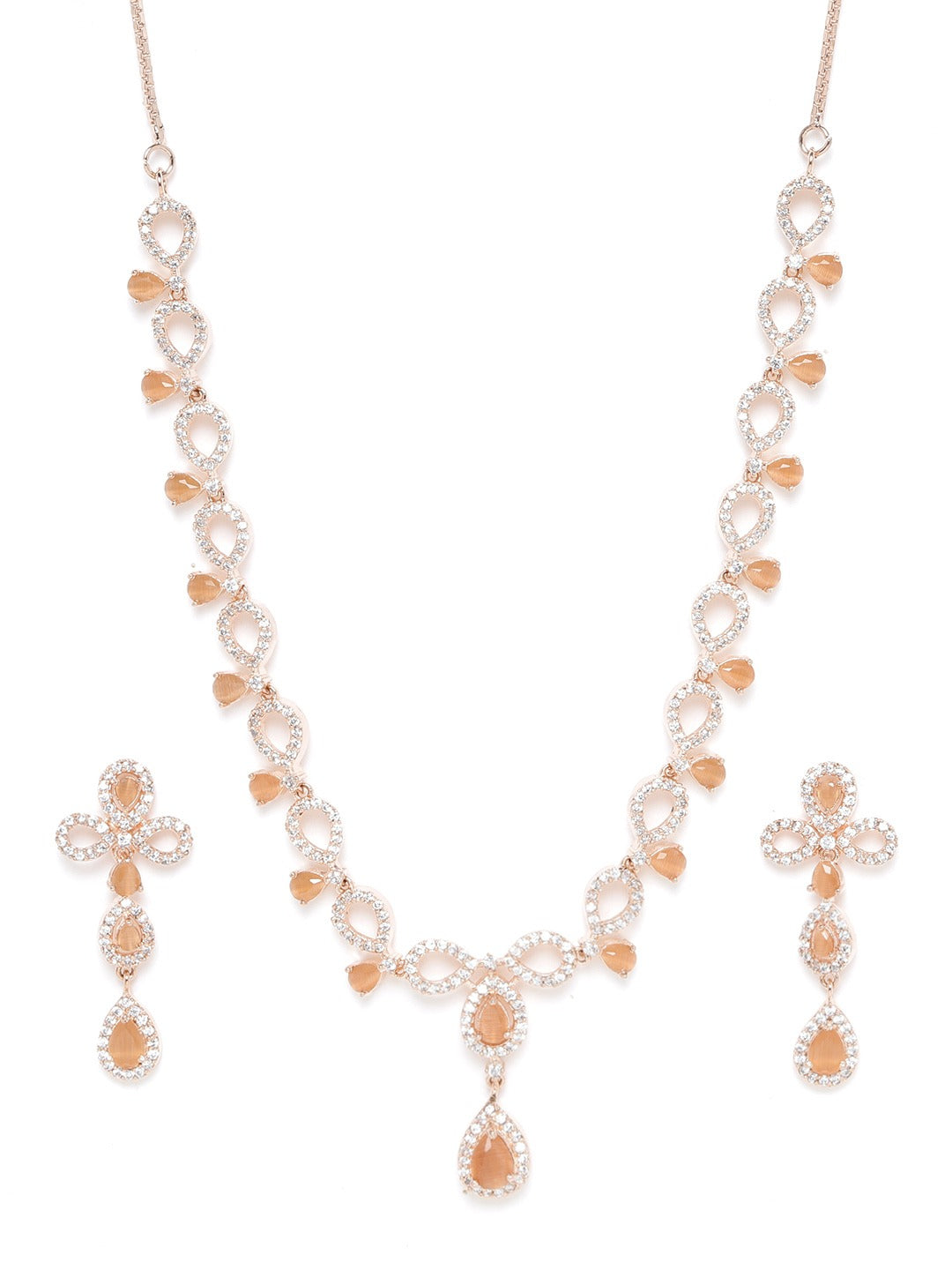 Peach-Coloured Rose Gold-Plated AD-Studded Handcrafted Jewellery Set
