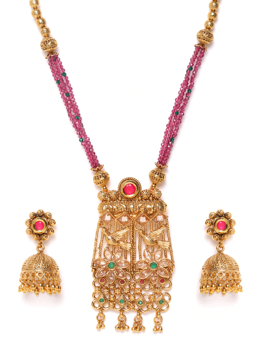 Pink Gold-Plated Handcrafted Stone-Studded Beaded Jewellery Set