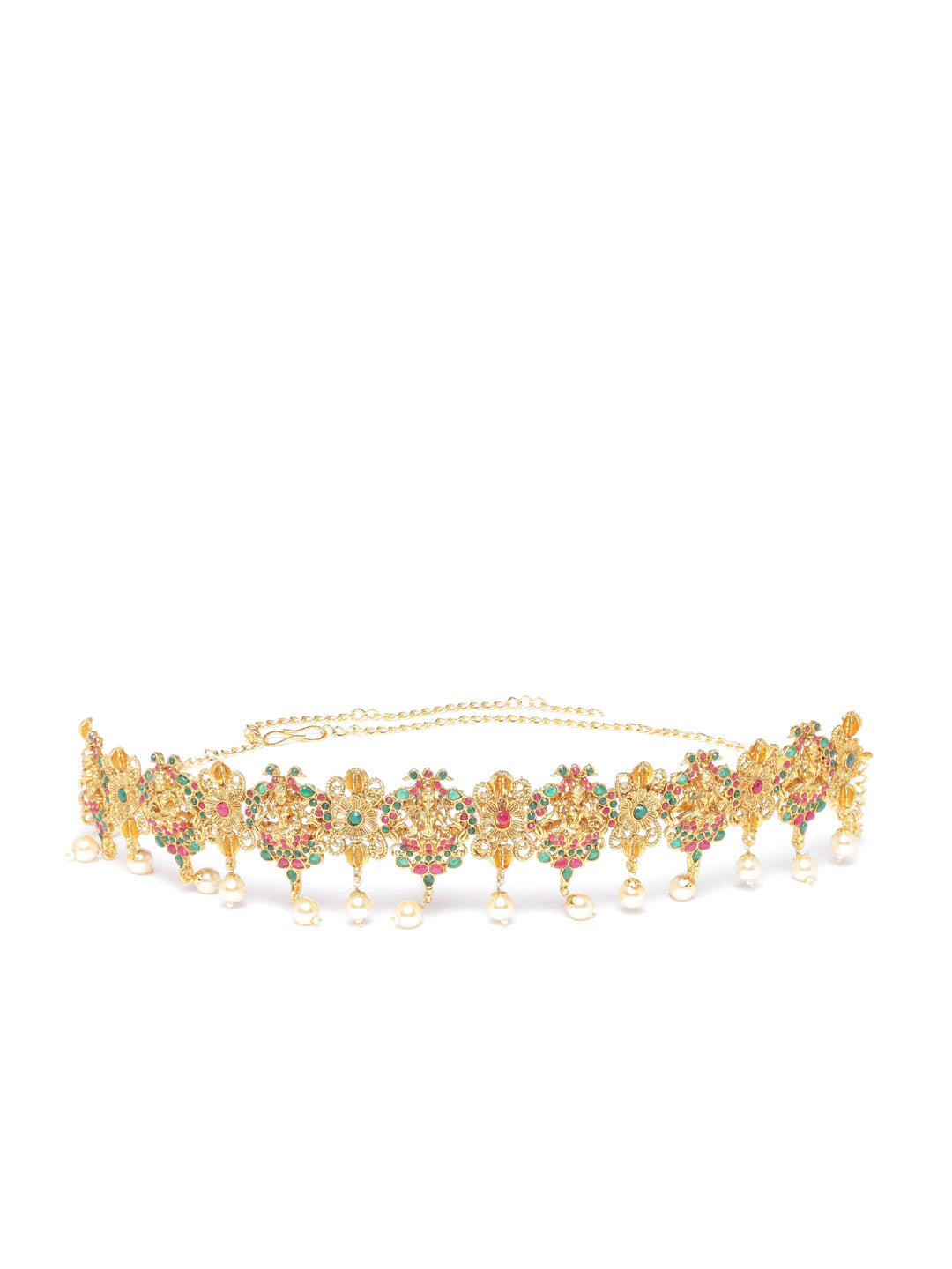 Magenta & Green Gold-Plated CZ-Studded & Beaded Temple Kamarbandh ( American Diamond , Gold , Magenta )