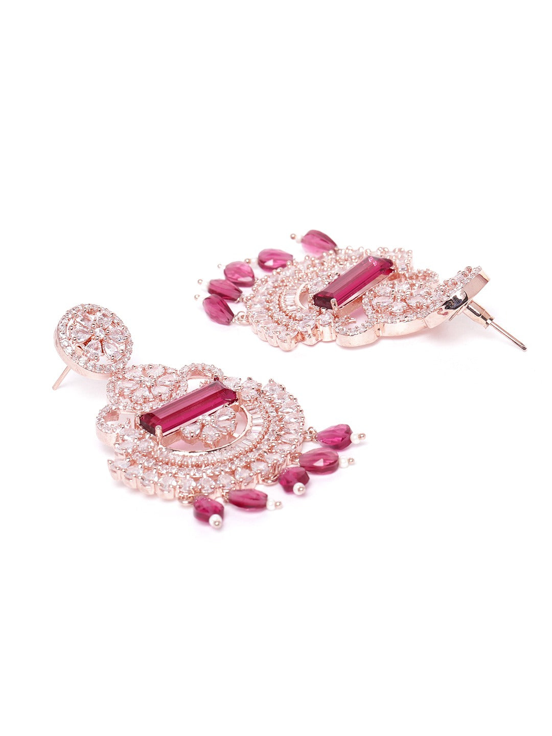 Maroon Rose Gold-Plated Handcrafted CZ-Studded Contemporary Drop Earrings