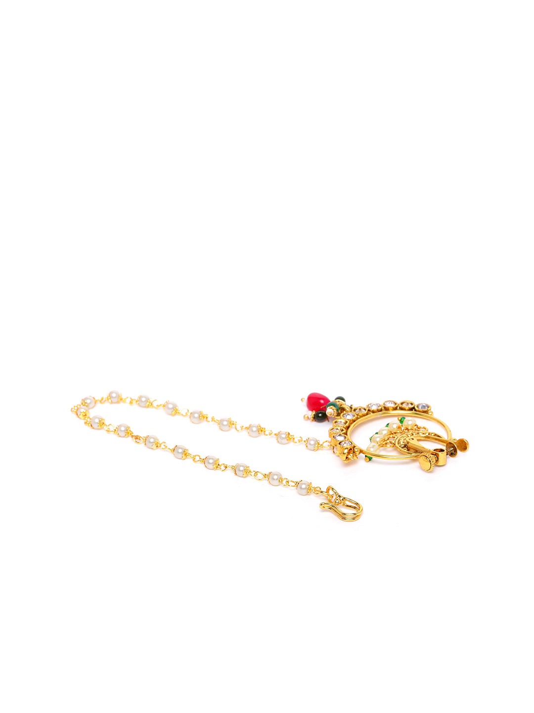 Off-White & Red Gold-Plated CZ-Studded & Beaded Chained Nose Ring